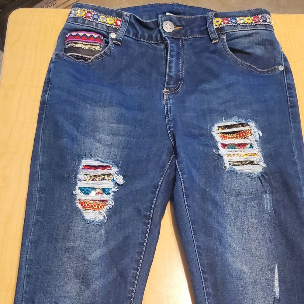 Women's Distressed-Embroidered Stretch Jeans, Size S (28/29 waist x 29 inseam)